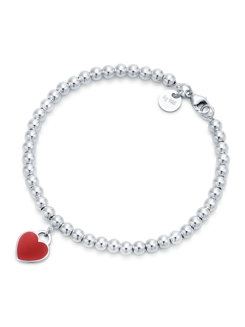 Tiffany & Co. Silver Beaded Bracelet with Red Heart Charm
